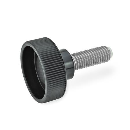 Tornillos moleteados huecos GN 421.10: Plástico, con espárrago roscado de acero inoxidable, con punta de latón o plástico