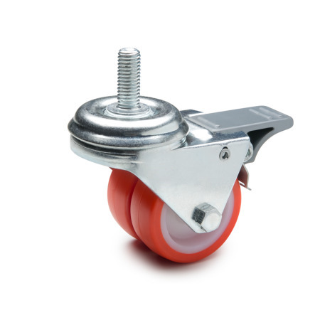 EN 22880 Steel Light Duty Casters, Polyurethane Wheel Tread, Polyamide Wheel Core, Double Wheel Version Bearing type: G - Friction bearing
Bracket type: GF - Swivel bracket with threaded stud, with total lock brake
Coding: D - Double wheel version
Bracket material: ST - Steel sheet metal