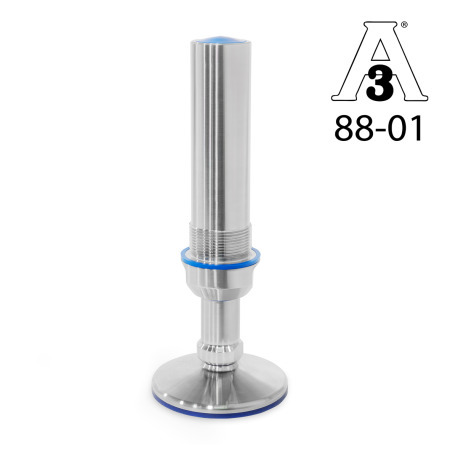 Pies de nivelación GN 20: Acero inoxidable, con rango de ajuste ampliado, sin agujeros de montaje, diseño higiénico