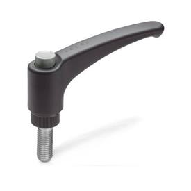EN 603.1 Technopolymer Plastic Adjustable Levers, with Push Button, Threaded Stud Type, with Stainless Steel Components, Ergostyle® Color: DGR - Gray, RAL 7035, shiny finish