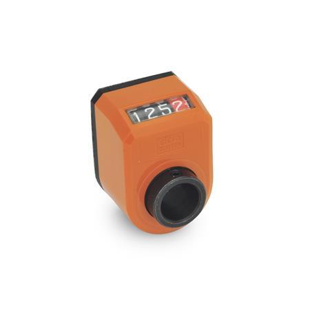 EN 954 Technopolymer Plastic Digital Position Indicators, 4 Digit Display Installation (Front view): AN - On the chamfer, above
Color: OR - Orange, RAL 2004