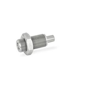GN 313 Stainless Steel Spring Bolts, Plunger Pin Retracted in Normal Position Material: NI - Stainless steel<br />Type: DK - Without knob, with lock nut<br />Identification no.: 1 - Pin without internal thread