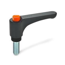 EN 600 Technopolymer Plastic Straight Adjustable Levers, Ergostyle®, with Push Button, Threaded Stud Type, with Steel Components Color of the push button: DOR - Orange, RAL 2004, shiny finish