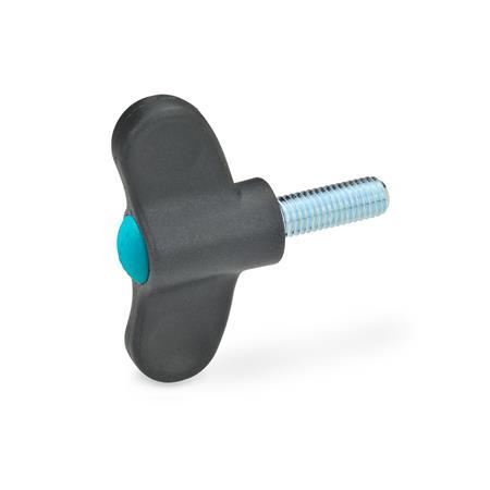 EN 633 Technopolymer Plastic Wing Screws, with Steel Threaded Stud, Ergostyle® Color of the cover cap: DBL - Blue, RAL 5024, matte finish