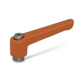 WN 300.1 Nylon Plastic Adjustable Levers, Tapped or Plain Bore Type, with Stainless Steel Components Color: OS - Orange, RAL 2004, textured finish
