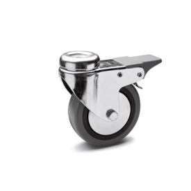 EN 22870 Steel Light Duty Casters, Rubber Wheel Tread, Polypropylene Wheel Core, Light Version Bearing type: G - Friction bearing<br />Bracket type: RF - Swivel bracket with center hole, with total lock brake<br />Coding: L - Light version