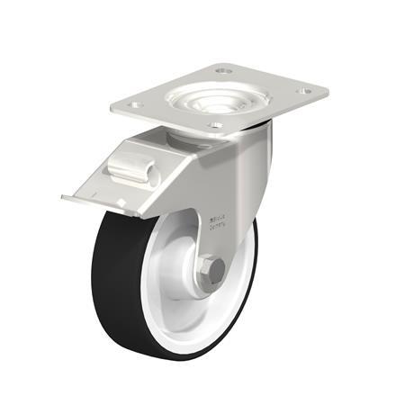  LEX-POTH Stainless Steel Swivel Caster with Polyurethane Treaded Wheel, with Plate Mounting Type: XR-FI - Stainless steel roller bearing with stop-fix brake