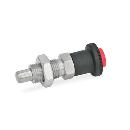 GN 414 Stainless Steel Safety Lock Indexing Plungers, with Push Button Release Material: NI - Stainless steel
Type: AK - With lock nut