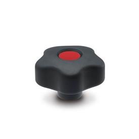 EN 5337.6 Technopolymer Plastic Five-Lobed Knobs, Softline, with Brass Tapped Insert with Colored Cover Caps Color of the cover cap: DRT - Red, RAL 3000, matte finish