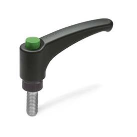 EN 603.1 Technopolymer Plastic Adjustable Levers, with Push Button, Threaded Stud Type, with Stainless Steel Components, Ergostyle® Color: DGN - Green, RAL 6017, shiny finish