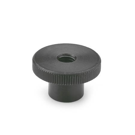 DIN 466 Steel Knurled Nuts, Blackened Finish, High Type, with Tapped Through Bore Material: ST - Steel