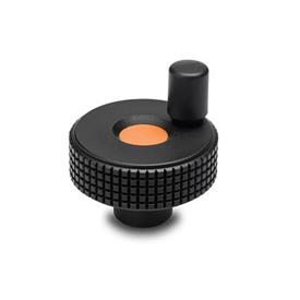 EN 735 Technopolymer Plastic Knurled Control Knobs, with Mini Revolving Handle, Colored Cover Caps Color of the cover cap: DOR - Orange, RAL 2004, matte finish