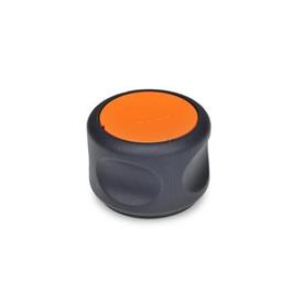 EN 624.5 Technopolymer Plastic Soft Grip Knobs, with Stainless Steel Tapped Insert, Ergostyle®, Softline Color of the cap: DOR - Orange, RAL 2004, matte finish