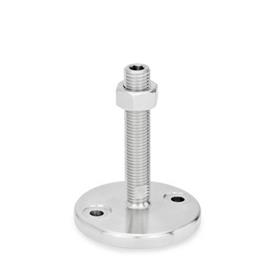 GN 23 Inch Thread, Stainless Steel Leveling Feet, Tapped Socket or Threaded Stud Type, with Turned Base, with Mounting Holes Type (Base): D0 - Fine turned, without rubber pad<br />Version (Stud / Socket): UK - With nut, internal hex at the top, wrench flat at the bottom
