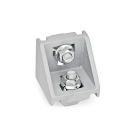 GN 960 Aluminum Angle Brackets, for 30/40/45 mm Profile Systems, for Slot Widths 8 / 10 mm, Assembly with T-Slot Nuts / T-Slot Bolts Type of angle piece: C - With assembly set, without cover cap<br />Finish: SR - Silver, RAL 9006, textured finish