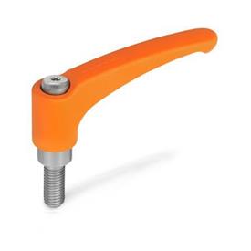 EN 602.1 Zinc Die-Cast Adjustable Levers, Threaded Stud Type, with Stainless Steel Components, Ergostyle® Color: OS - Orange, RAL 2004, textured finish