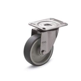 EN 22872 Steel / Stainless Steel Medium Duty Casters, Thermoplastic Elastomer Wheel Tread, Polypropylene Wheel Core, Light Version Bearing type: G - Friction bearing<br />Bracket type: L - Swivel bracket with mounting plate<br />Coding: L - Light version<br />Bracket material: NI - Stainless steel sheet metal