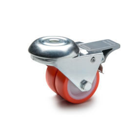 EN 22880 Steel Light Duty Casters, Polyurethane Wheel Tread, Polyamide Wheel Core, Double Wheel Version Bearing type: G - Friction bearing<br />Bracket type: RF - Swivel bracket with center hole, with total lock brake<br />Coding: D - Double wheel version<br />Bracket material: ST - Steel sheet metal