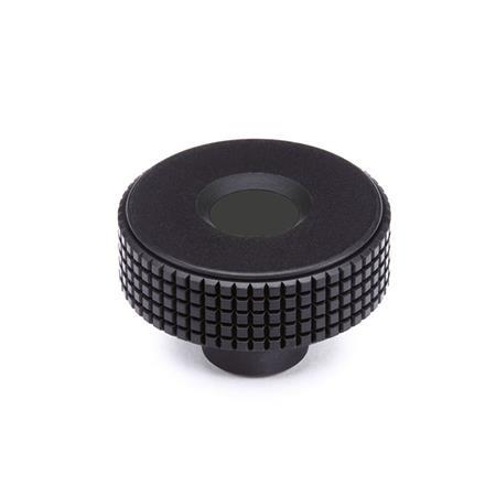 EN 534 Technopolymer Plastic Diamond Cut Knurled Knobs, with Brass Tapped or Plain Blind Bore Insert, with Black Cap 