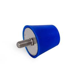 GN 256 Soportes de absorción de vibración / impacto de silicón, tipo cónico, con componentes de acero inoxidable, con espárrago roscado, cumple con la FDA Color: BL - Azul, RAL 5002