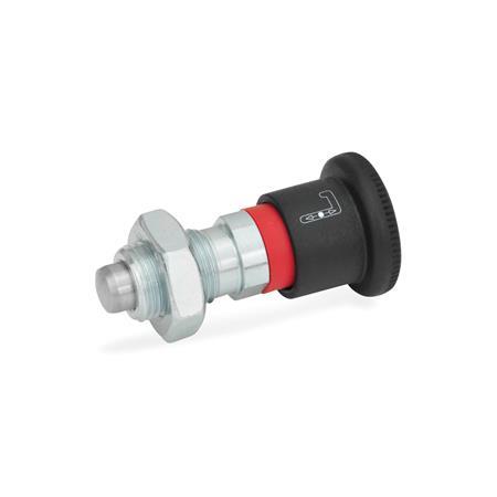 GN 816 Steel Locking Indexing Plungers, Plunger Pin Protruded in Normal Position Type: ARK - Operation with knob, red sleeve, with lock nut