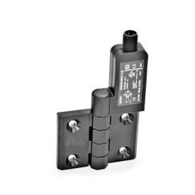 EN 239.4 Technopolymer Plastic Hinges with Integrated Switch, with Connector Plug Identification: SR - Bores for contersunk screw, switch right<br />Type: AS - Connector plug at the top