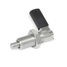 GN 721.5 Stainless Steel Cam Action Indexing Plungers, Non Lock-Out, with 180° Limit Stop Type: RBK - Right hand limit stop, with plastic sleeve, with lock nut