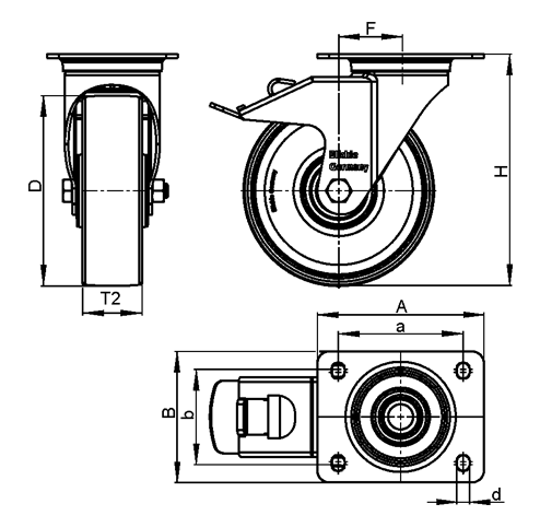  LPA-POA Roulettes pivotantes à roue en nylon noir en acier, avec support de platine, série de support standard schéma