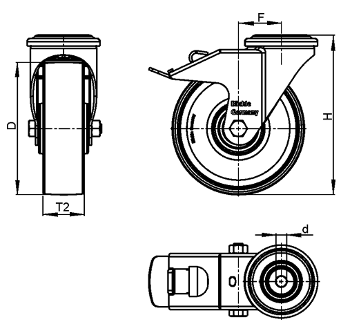  LRA-VPA Rodajas giratorias de acero con ruedas de caucho gris, montaje con agujero para perno, serie de soportes estándar boceto