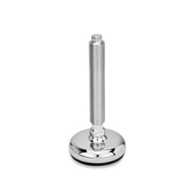 GN 31 Metric Thread, Stainless Steel Leveling Feet, Tapped Socket or Threaded Stud Type, with Rubber Pad Type (Base): C3 - Polished, rubber pad vulcanized, black<br />Version (Stud / Socket): V - Without nut, external hex at the top, wrench flat at the bottom