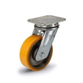 EN 22887 Steel Heavy Duty Casters, Polyurethane Wheel Tread, Cast Iron Wheel Core, Heavy Version Bearing type: K - Annular ball bearing<br />Bracket type: L - Swivel bracket with mounting plate<br />Coding: H - Heavy version<br />Bracket material: ST - Welded steel design