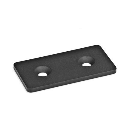 GN 967 Sheet Steel Connecting Brackets, Flat or L-Shaped, for Profile Systems Type: F - Flat
Finish: SW - Black, RAL 9005, textured finish
Identification no.: 1 - With bore for countersunk screws DIN 7991
