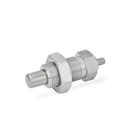 GN 817 Stainless Steel Indexing Plungers, Lock-Out and Non Lock-Out, with Multiple Pin Lengths Material: NI - Stainless steel<br />Type: GK - With threaded stem, with lock nut