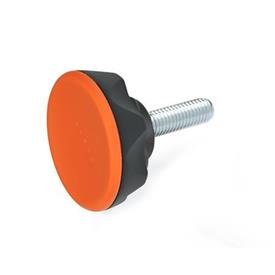 EN 636.4 Boutons champignon à sept lobes en plastique technopolymère, avec goujon fileté en acier, Ergostyle® Couleur: DOR - Orange, RAL 2004, finition mate