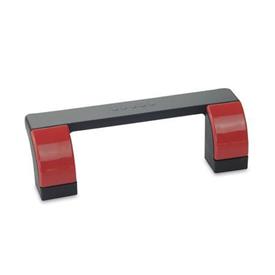 EN 630.1 Technopolymer Plastic Off-Set Open U-Handles, with Counterbored Through Holes, Ergostyle® Color of the cover caps: DRT - Red, RAL 3000, shiny finish