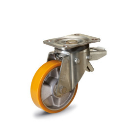 EN 22885 Steel Medium Duty Casters, Polyurethane Wheel Tread, Aluminum Wheel Core, Medium Version Bearing type: K - Annular ball bearing<br />Bracket type: LF - Swivel bracket with mounting plate, with total lock brake<br />Coding: M - Medium version<br />Bracket material: ST - Steel sheet metal