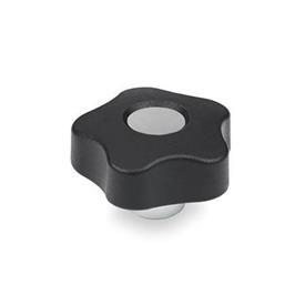 EN 5337.1 Technopolymer Plastic Five-Lobed Knobs, with Protruding Steel Hub, Tapped Blind Bore Type: E - With cover cap (tapped blind bore)<br />Color of the cover cap: DGR - Gray, RAL 7035, matte finish