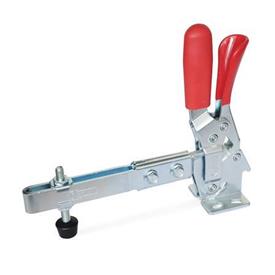 GN 810.3 Steel Extended Arm Vertical Acting Toggle Clamps, with Safety Hook, with Horizontal Mounting Base Type: ULC - Clamping arm extended, with slotted hole, two flanged washers and GN 708.1 spindle assembly