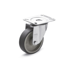 EN 22872 Steel / Stainless Steel Medium Duty Casters, Thermoplastic Elastomer Wheel Tread, Polypropylene Wheel Core, Light Version Bearing type: G - Friction bearing<br />Bracket type: L - Swivel bracket with mounting plate<br />Coding: L - Light version<br />Bracket material: ST - Steel sheet metal