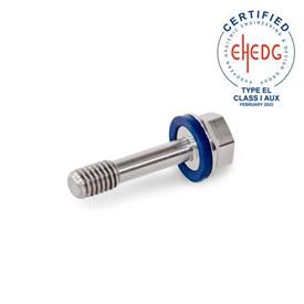 GN 1582 Stainless Steel Hex Head Screws, Hygienic Design, Low-Profile Head, with Recessed Stud for Loss Protection Finish: MT - Matte finish (Ra < 0.8 µm)<br />Sealing ring material: H - H-NBR