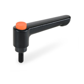 GN 304 Zinc Die-Cast Straight Adjustable Levers, with Push Button, Threaded Stud Type, with Steel Components Lever color: SW - Black, RAL 9005, textured finish<br />Push button color: O - Orange, RAL 2004