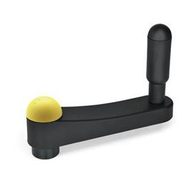 EN 670 Technopolymer Plastic Crank Handles, with Revolving Handle, with Bore, Ergostyle® Color of the cover cap: DGB - Yellow, RAL 1021, matte finish