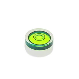GN 2281 Aluminum or Plastic Bull's Eye Spirit Levels, for Installation in Plates and Housings Finish / Material: KT - Plastic, White<br />Filling: G - Green transparent<br />Identification no.: 2 - With contrast ring (only version KT for d = 12...18)