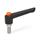 WN 303.1 Nylon Plastic Adjustable Levers with Push Button, Threaded Stud Type, with Stainless Steel Components Lever color: SW - Black, RAL 9005, textured finish
Push button color: O - Orange, RAL 2004