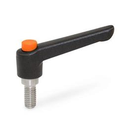WN 303.1 Nylon Plastic Adjustable Levers with Push Button, Threaded Stud Type, with Stainless Steel Components Lever color: SW - Black, RAL 9005, textured finish<br />Push button color: O - Orange, RAL 2004