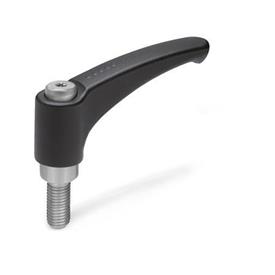 EN 602.1 Zinc Die-Cast Adjustable Levers, Ergostyle®, Threaded Stud Type, with Stainless Steel Components Color: SW - Black, RAL 9005, textured finish