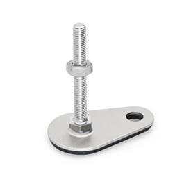 GN 43 Inch Thread, Stainless Steel Leveling Feet, Tapped Socket or Threaded Stud Type, with Mounting Hole, Teardrop Shape Type (Base): D3 - With rubber pad, vulcanized, black<br />Version (Stud / Socket): SK - With nut, external hex at the bottom