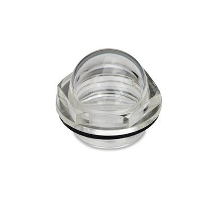 EN 546 Mirillas de líquido, de plástico cristal transparente, con forma de domo, sin anillo de marcado 