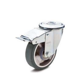 EN 22885 Steel Medium Duty Casters, Polyurethane Wheel Tread, Aluminum Wheel Core, Light Version Bearing type: K - Annular ball bearing<br />Bracket type: RF - Swivel bracket with center hole, with total lock brake<br />Coding: L - Light version<br />Bracket material: STE - Steel sheet metal