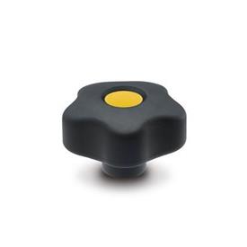 EN 5337.6 Technopolymer Plastic Five-Lobed Knobs, with Brass Tapped Insert with Colored Cover Caps, Softline Color of the cover cap: DGB - Yellow, RAL 1021, matte finish